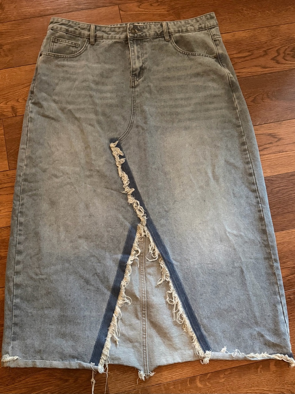 Chic Soul Gray Distressed Denim Maxi Skirt